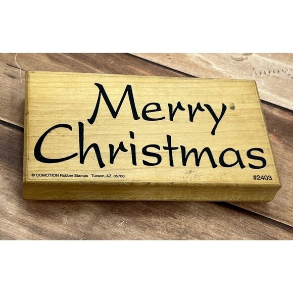 VERY HTF VINTAGE COMOTION #2403 MERRY CHRISTMAS LARGE WOOD MOUNTED RUBBER STAMP - Picture 1 of 6